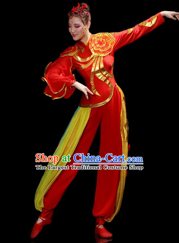 Chinese Yangko Performance Apparels Women Group Drum Dance Clothing Traditional Fan Dance Red Outfits Folk Dance Costumes