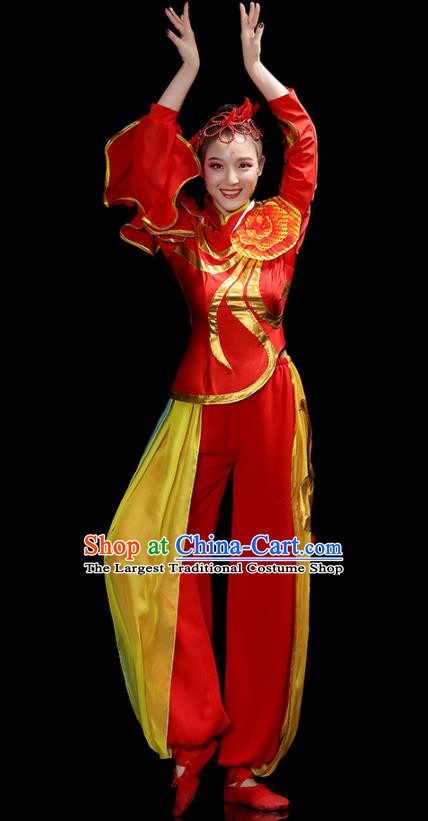 Chinese Yangko Performance Apparels Women Group Drum Dance Clothing Traditional Fan Dance Red Outfits Folk Dance Costumes
