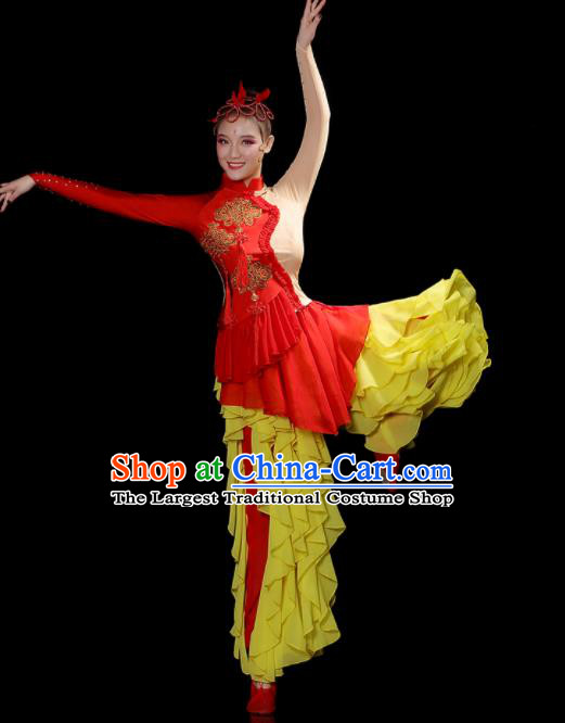 Chinese Folk Dance Costumes Yangko Performance Apparels Women Group Drum Dance Clothing Traditional Lion Dance Red Outfits