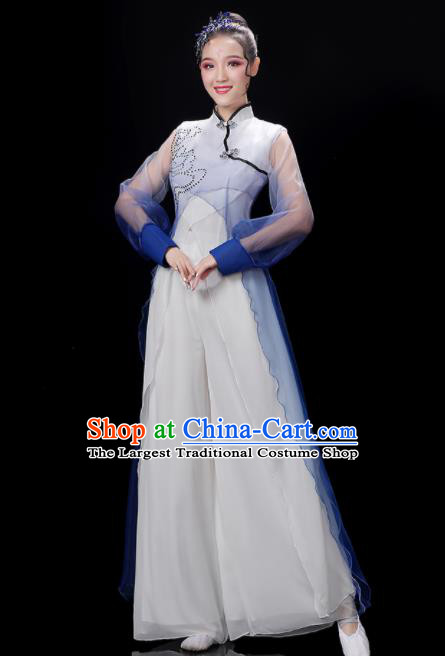 China Group Fan Performance Blue Outfits Woman Dancewear Classical Dance Clothing Umbrella Dance Garment Costumes
