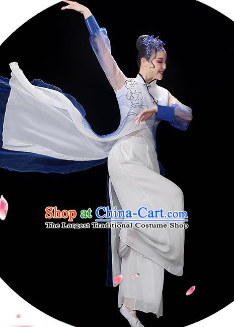 China Group Fan Performance Blue Outfits Woman Dancewear Classical Dance Clothing Umbrella Dance Garment Costumes