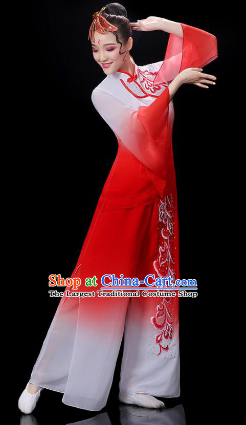 Chinese Traditional Fan Dance Red Outfits Folk Dance Costumes Yangko Dance Performance Apparels Women Group Dance Clothing
