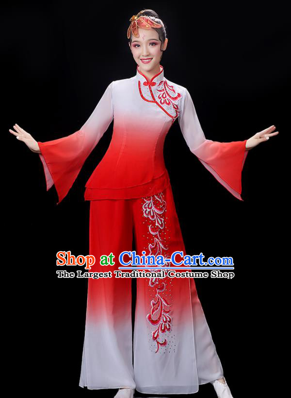 Chinese Traditional Fan Dance Red Outfits Folk Dance Costumes Yangko Dance Performance Apparels Women Group Dance Clothing