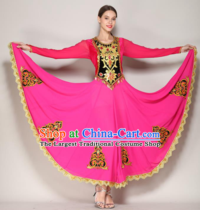 Chinese Xinjiang Ethnic Performance Clothing Uighur Nationality Woman Dance Rosy Dress Uyghur Minority Dancewear