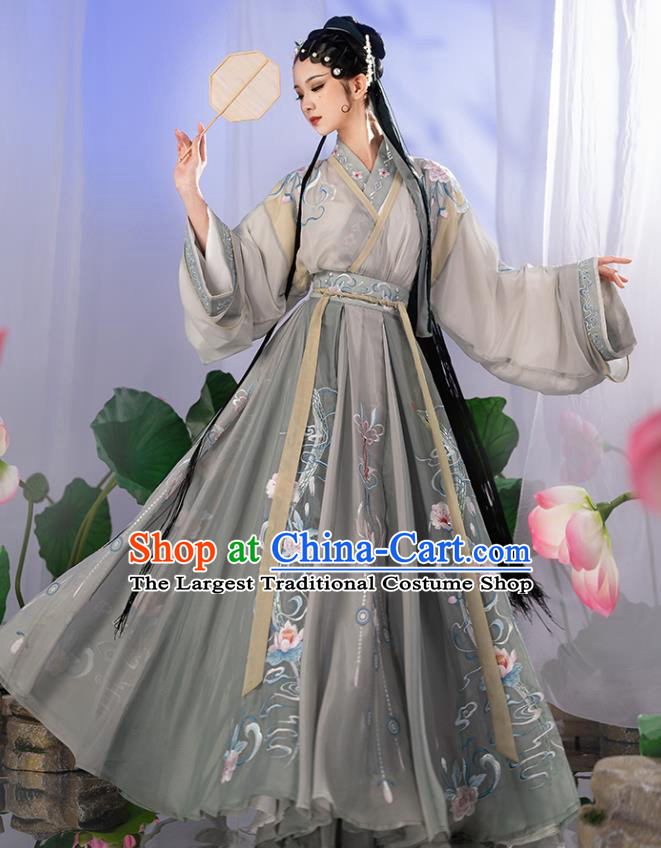 China Jin Dynasty Palace Beauty Historical Clothing Ancient Royal Princess Garment Costumes Traditional Grey Hanfu Dress