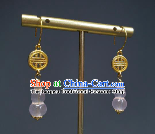 Handmade Chinese Traditional Ear Accessories National Rose Quartz Gourd Earrings Cheongsam Ear Jewelry Qing Dynasty Imperial Consort Eardrop