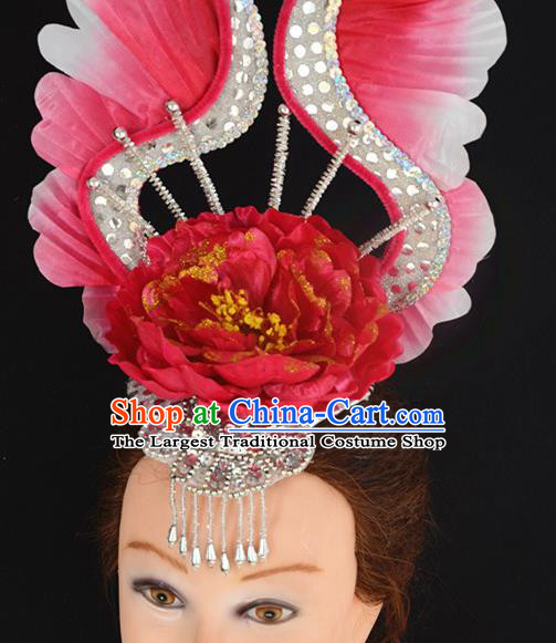 China Opening Dance Red Peony Hair Crown Women Group Dance Hat Flower Dance Hair Accessories Modern Dance Headpiece