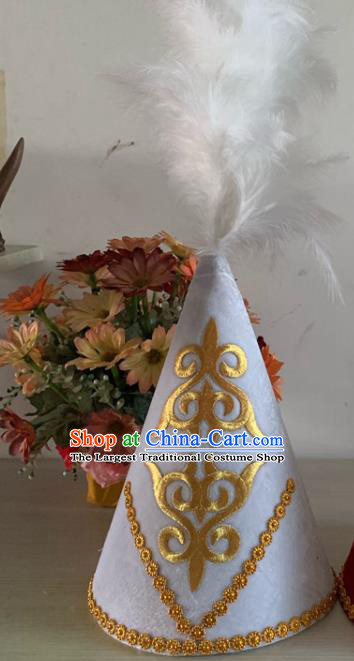 China Kazak Nationality Stage Performance Headwear Kazakh Minority Female Feather Headdress Xinjiang Ethnic Folk Dance White Hat