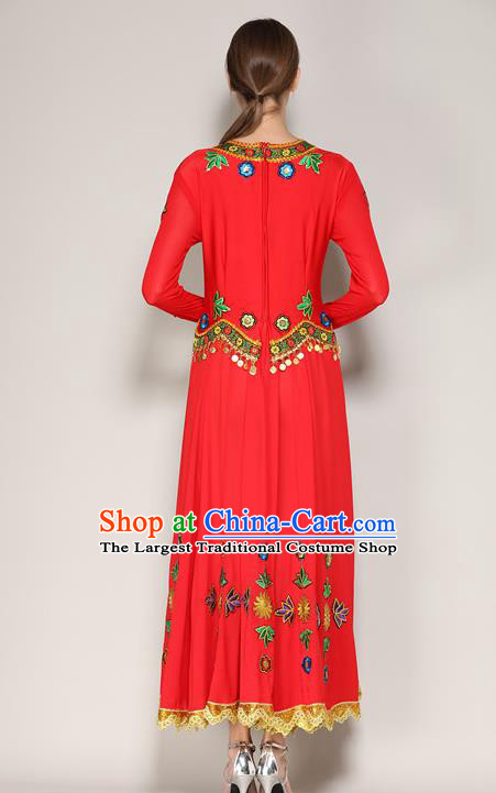 Chinese Xinjiang Uighur Minority Dance Clothing Ethnic Garment Costume Uyghur Nationality Stage Performance Red Dress