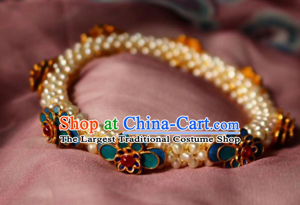China Traditional Wristlet Accessories Handmade Qing Dynasty Empress Pearls Bangle Jewelry Ancient Imperial Consort Blueing Bracelet