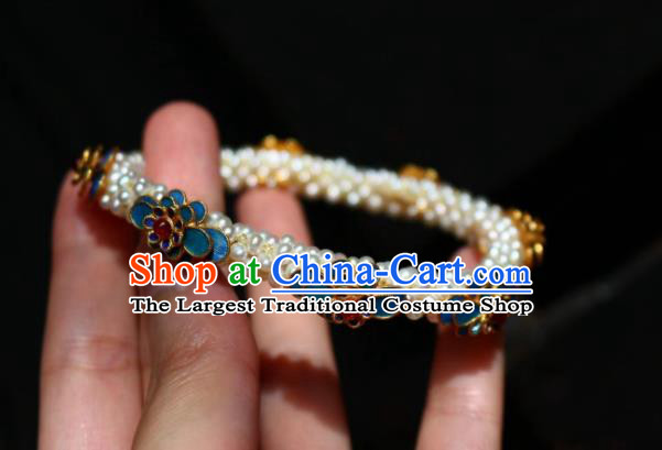 China Traditional Wristlet Accessories Handmade Qing Dynasty Empress Pearls Bangle Jewelry Ancient Imperial Consort Blueing Bracelet