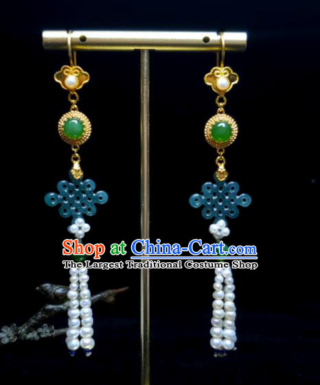 Handmade Chinese Qing Dynasty Eardrop Pearls Tassel Ear Accessories National Jadeite Earrings Traditional Cheongsam Ear Jewelry