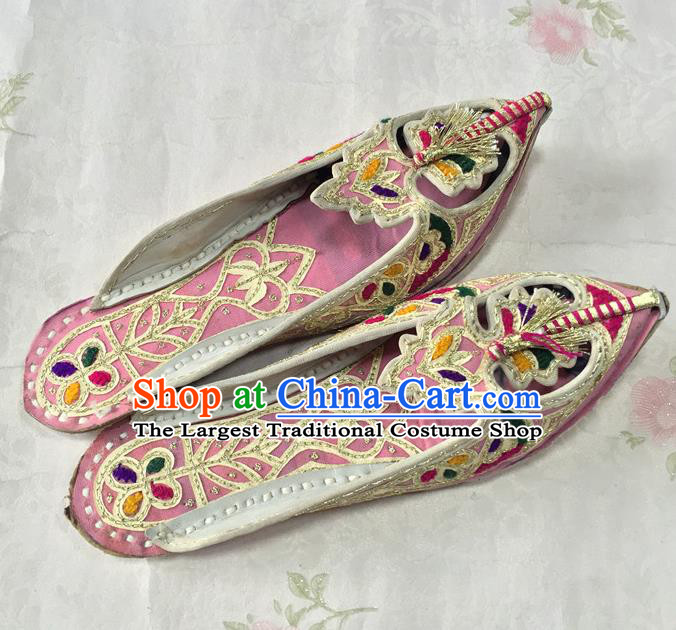 Handmade Asian Nepal Bride Shoes India Embroidery Pointed Shoes Female Pink Leather Slippers Indian Wedding Bride Shoes