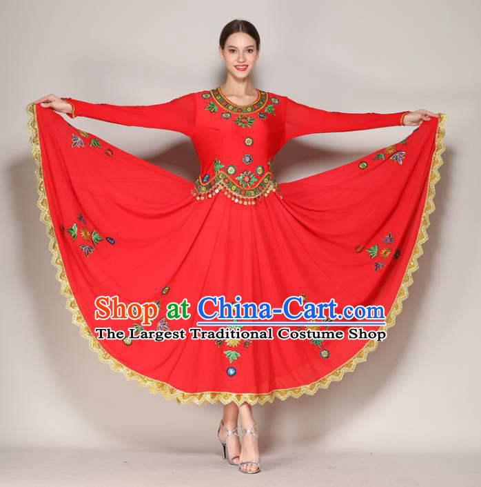 Chinese Xinjiang Uighur Minority Dance Clothing Ethnic Garment Costume Uyghur Nationality Stage Performance Red Dress
