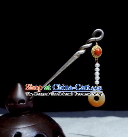 Chinese Traditional Silver Hair Accessories Handmade Qing Dynasty Imperial Consort Hair Stick Ancient Empress Agate Tassel Hairpin