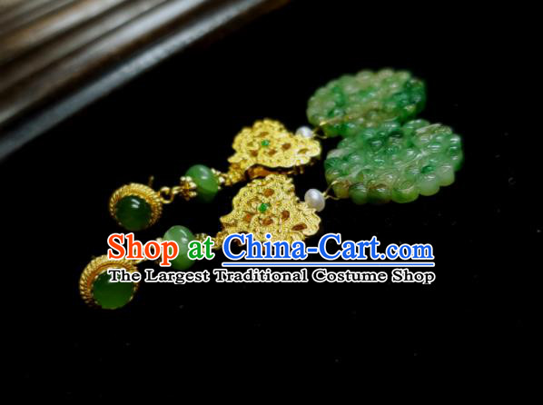 Handmade Chinese National Golden Earrings Traditional Palace Eardrop Cheongsam Ear Jewelry Jadeite Ear Accessories