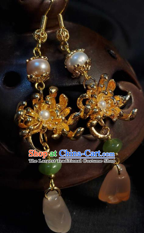 Handmade Chinese National Mangnolia Earrings Traditional Jade Eardrop Cheongsam Ear Jewelry Golden Chrysanthemum Ear Accessories