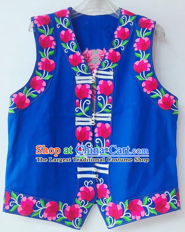 China Yi Minority Festival Waistcoat Miao Nationality Male Embroidered Blue Vest Ethnic Women Costume
