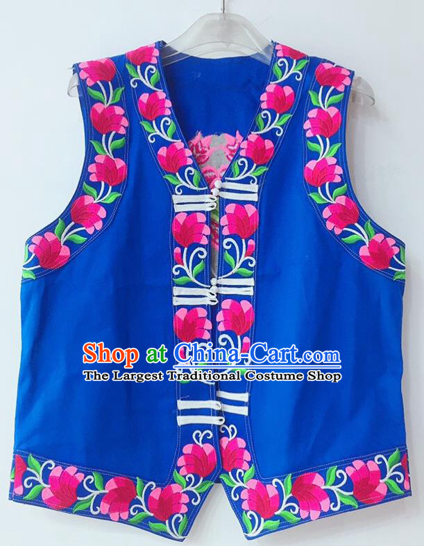 China Yi Minority Festival Waistcoat Miao Nationality Male Embroidered Blue Vest Ethnic Women Costume