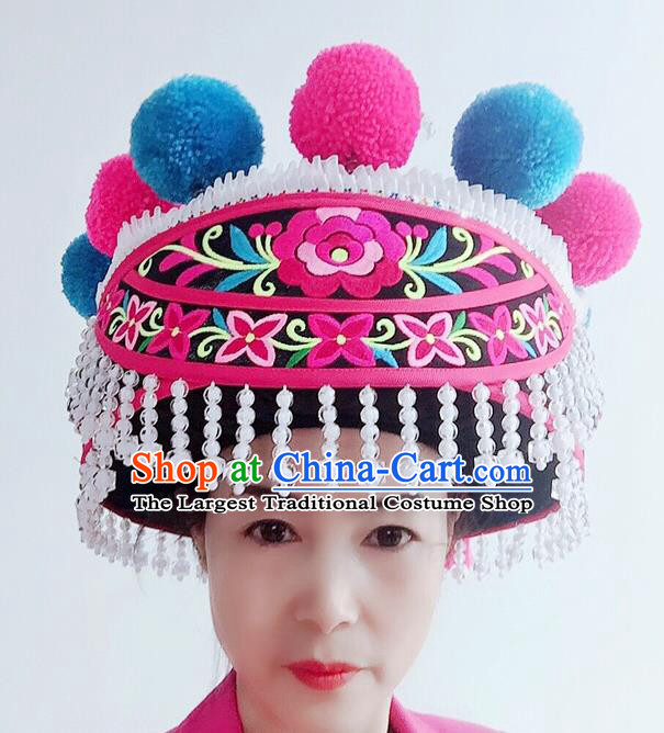 China Yunnan Ethnic Woman Tassel Hat Yi Nationality Folk Dance Headwear Minority Stage Performance Headdress