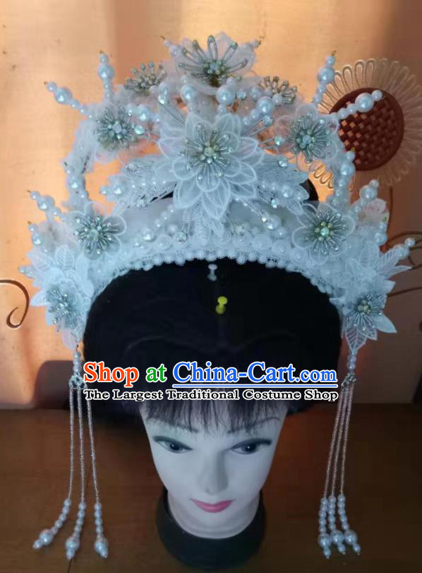 Chinese Peking Opera Diva Hair Accessories Ancient Princess Phoenix Coronet Headdress Beijing Opera Diva White Flowers Hair Crown