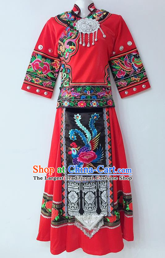 Chinese Sichuan Nationality Festival Dress Tujia National Minority Wedding Red Uniforms Yi Ethnic Group Female Garment Costumes