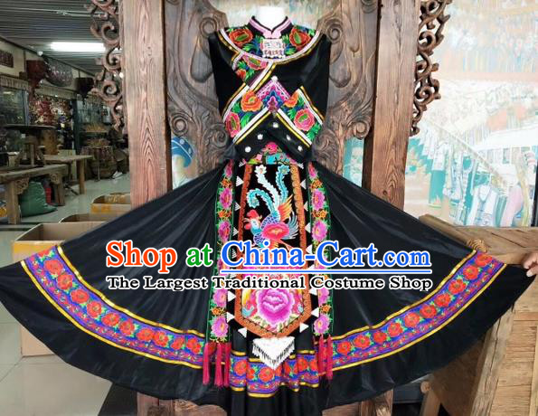 Chinese Miao Nationality Dance Uniforms Yi Ethnic Group Women Garment Costumes Sichuan Minority Festival Black Dress