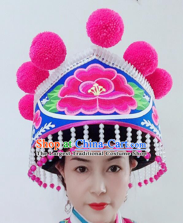China Yunnan Minority Stage Performance Headdress Ethnic Woman Blue Hat Yi Nationality Dance Embroidered Headwear