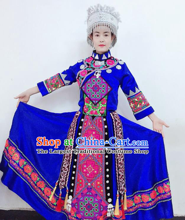Chinese Yi Nationality Bride Blue Uniforms Xiangxi Ethnic Group Women Garment Costumes Qiang Minority Dance Clothing