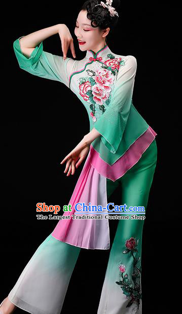 Chinese Folk Dance Green Chiffon Uniforms Traditional Fan Dance Garment Costumes Yangko Square Performance Clothing Yangge Dance Apparels