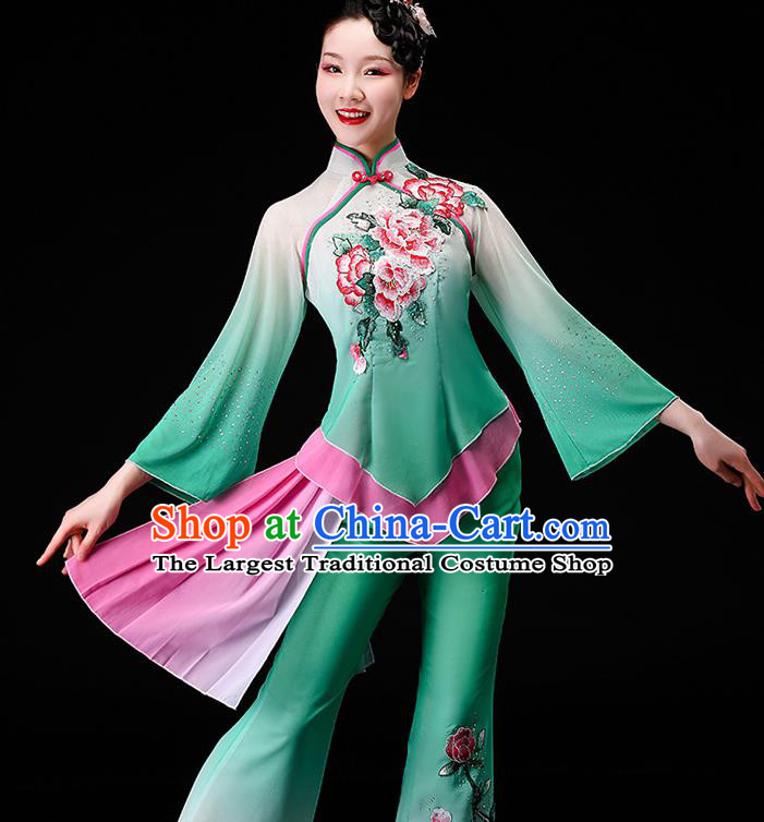 Chinese Folk Dance Green Chiffon Uniforms Traditional Fan Dance Garment Costumes Yangko Square Performance Clothing Yangge Dance Apparels