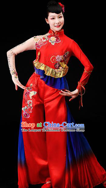 Chinese Yangko Performance Clothing Drum Dance Apparels Folk Dance Red Satin Uniforms Traditional Fan Dance Garment Costumes