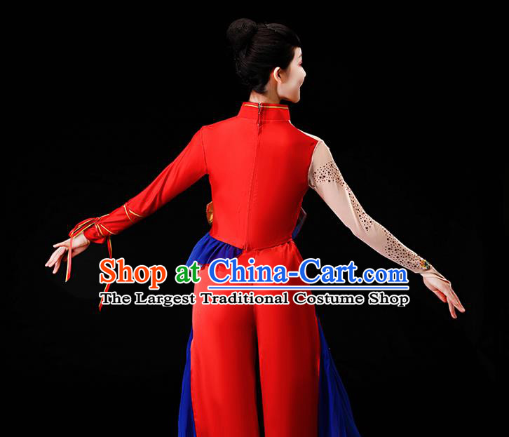 Chinese Yangko Performance Clothing Drum Dance Apparels Folk Dance Red Satin Uniforms Traditional Fan Dance Garment Costumes