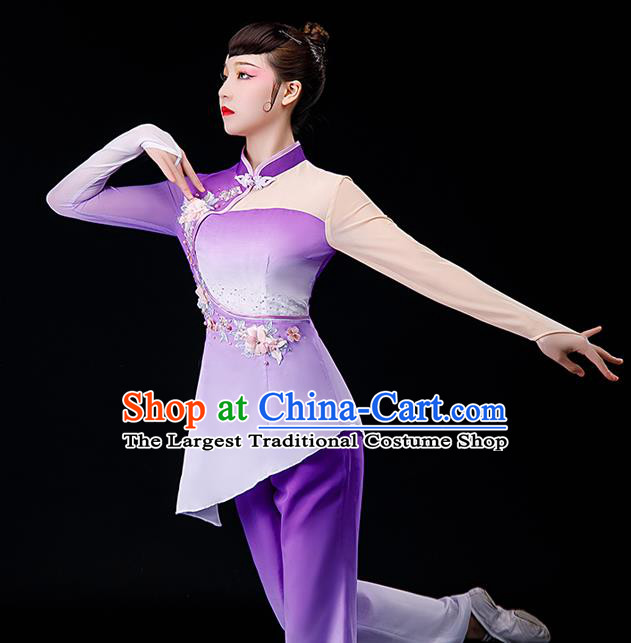 Chinese Traditional Fan Dance Garment Costumes Yangko Dance Clothing Women Square Performance Apparels Folk Dance Purple Chiffon Uniforms