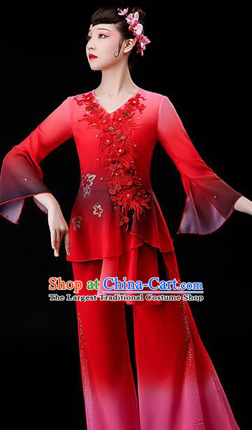 Chinese Folk Dance Red Chiffon Uniforms Traditional Fan Dance Garment Costumes Yangko Dance Clothing Women Square Performance Apparels