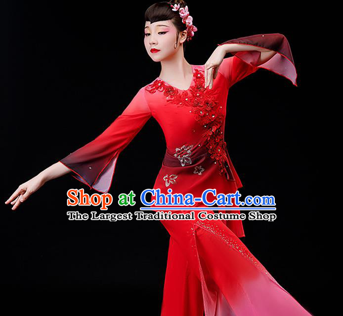 Chinese Folk Dance Red Chiffon Uniforms Traditional Fan Dance Garment Costumes Yangko Dance Clothing Women Square Performance Apparels