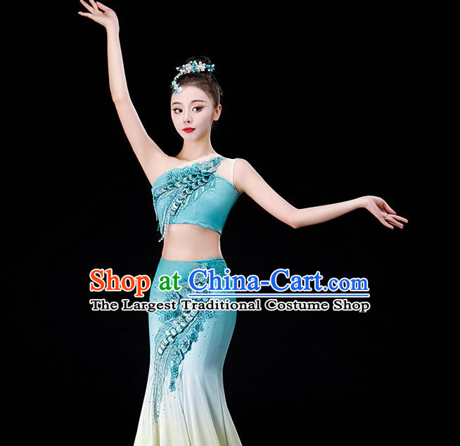 Chinese Yunnan Folk Dance Garment Costumes Ethnic Peacock Dance Blue Dress Outfits Dai Nationality Female Performance Clothing