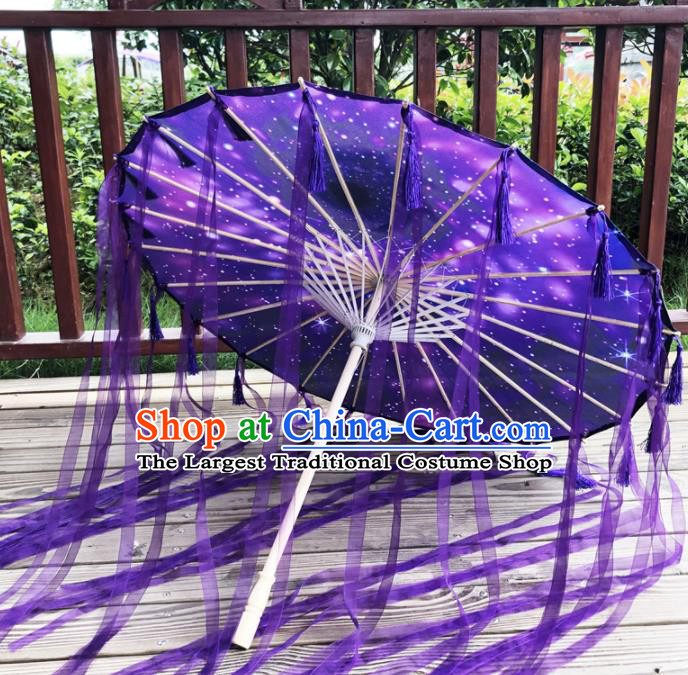 Chinese Purple Ribbon Tassel Umbrella Classical Dance Umbrella Traditional Performance Umbrella Handmade Silk Umbrellas