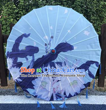 Chinese Traditional Hanfu Tassel Umbrella Handmade Light Blue Silk Umbrellas Printing Epiphyllum Umbrella Classical Dance Umbrella