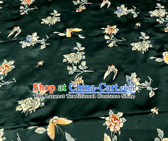 Chinese Classical Butterfly Flowers Pattern Silk Traditional Qipao Dress Cloth Material Atrovirens Satin Fabric Tang Suit Drapery