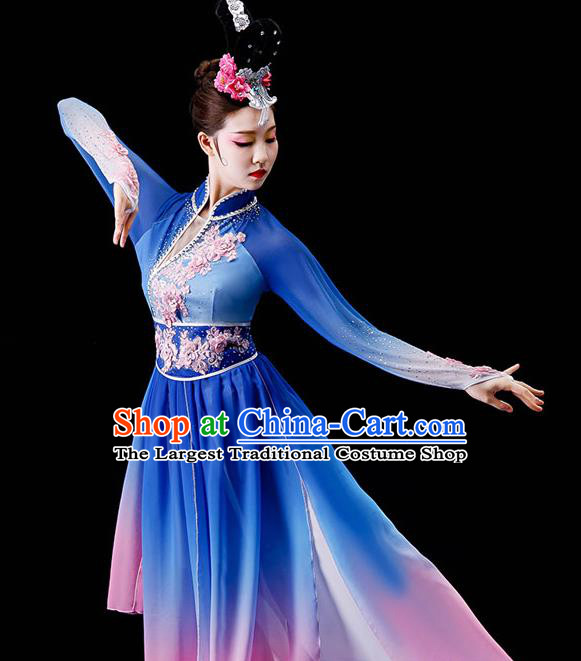China Umbrella Dance Garment Costumes Women Group Dance Clothing Stage Performance Fashion Uniforms Classical Dance Blue Chiffon Dress