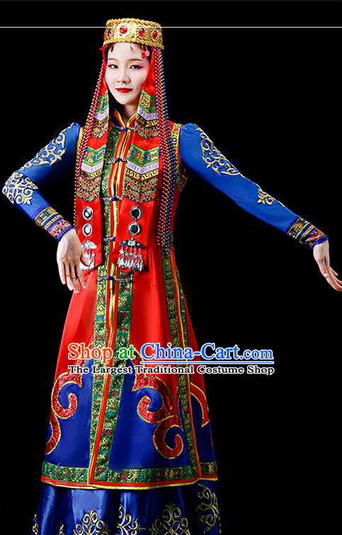 Chinese Ethnic Festival Performance Dress Outfits Mongol Nationality Wedding Bride Clothing Mongolian Minority Folk Dance Garment Costumes