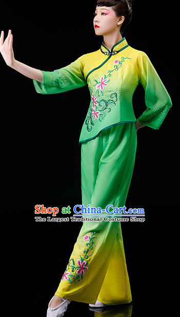 Chinese Traditional Fan Dance Garment Costumes Yangko Dance Clothing Country Women Square Performance Apparels Folk Dance Green Uniforms