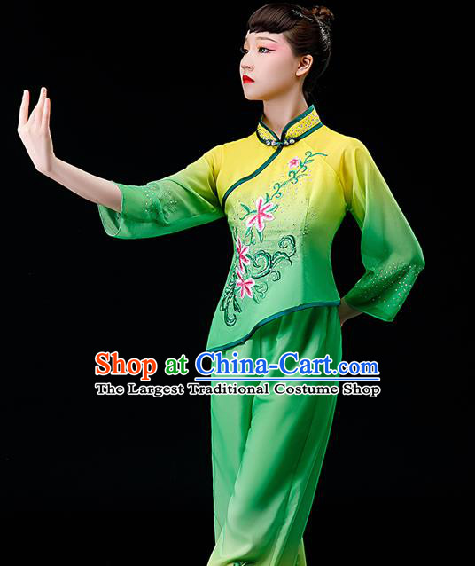Chinese Traditional Fan Dance Garment Costumes Yangko Dance Clothing Country Women Square Performance Apparels Folk Dance Green Uniforms