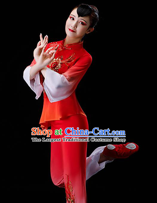 Chinese Traditional Drum Dance Garment Costumes New Year Yangko Dance Clothing Fan Dance Square Performance Apparels Folk Dance Red Chiffon Uniforms