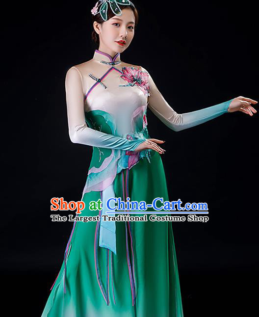 China Classical Dance Green Dress Lotus Dance Garment Costumes Umbrella Dance Clothing Stage Performance Fashion Uniforms