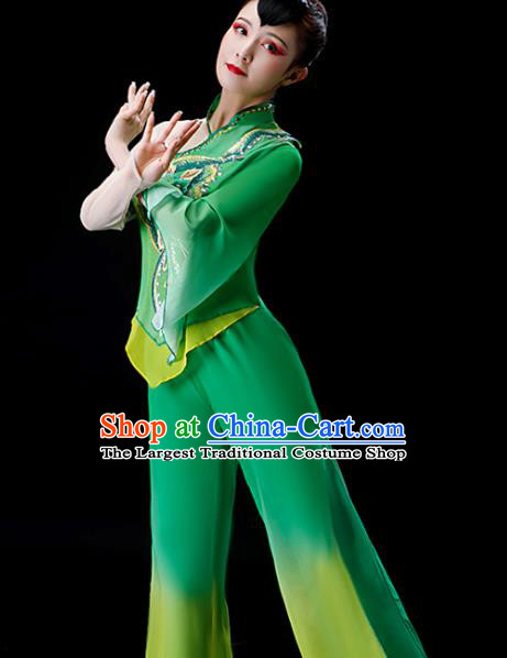 Chinese Folk Dance Green Chiffon Uniforms Traditional Women Square Performance Garment Costumes New Year Yangko Dance Clothing Fan Dance Apparels