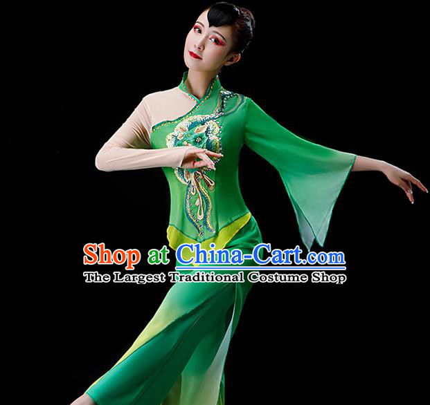 Chinese Folk Dance Green Chiffon Uniforms Traditional Women Square Performance Garment Costumes New Year Yangko Dance Clothing Fan Dance Apparels