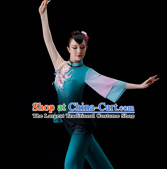 Chinese Fan Dance Apparels Folk Dance Blue Chiffon Uniforms Traditional Women Square Performance Garment Costumes Yangko Dance Clothing