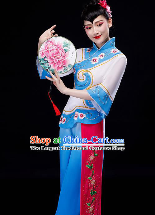 Chinese Yangko Dance Clothing Fan Dance Apparels Folk Dance Blue Uniforms Traditional Women Square Performance Garment Costumes
